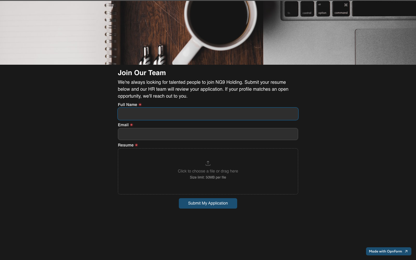 The live public application form Fahim built from one sentence, with resume upload