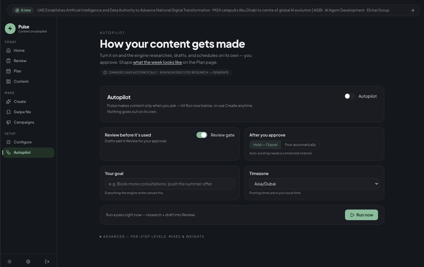The autopilot control — a Review gate toggle set to on, choosing between “Hold — I'll post” and “Post automatically”