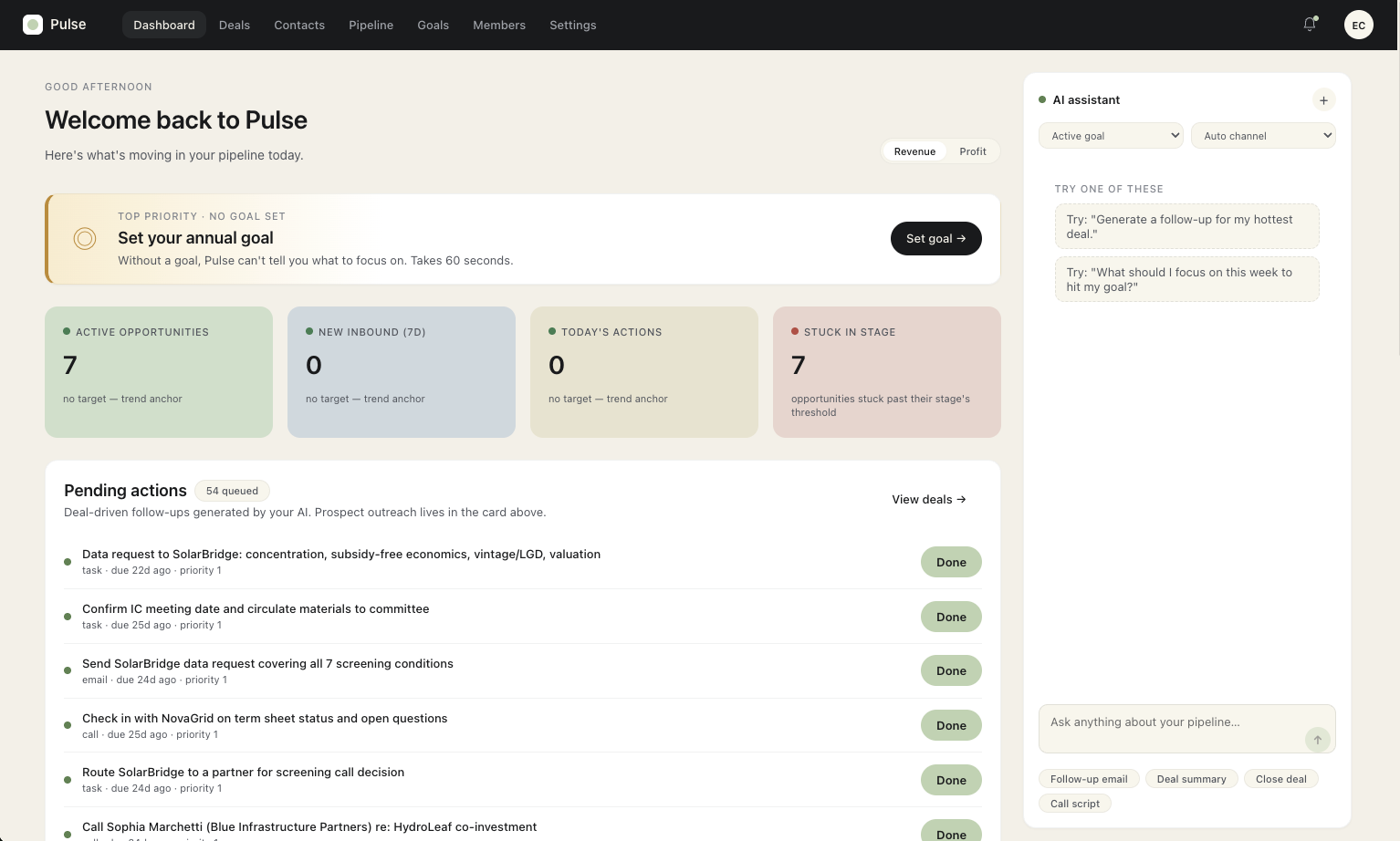 The CRM dashboard — 7 active opportunities, 54 queued agent-generated follow-ups, and the built-in AI assistant panel