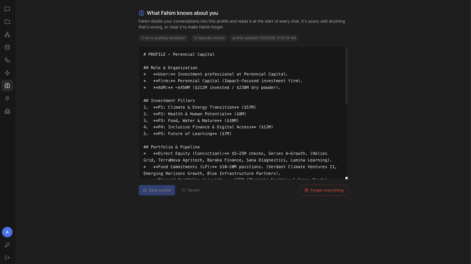 'What Fahim knows about you' — a distilled profile with Save, Revert, and Forget everything controls