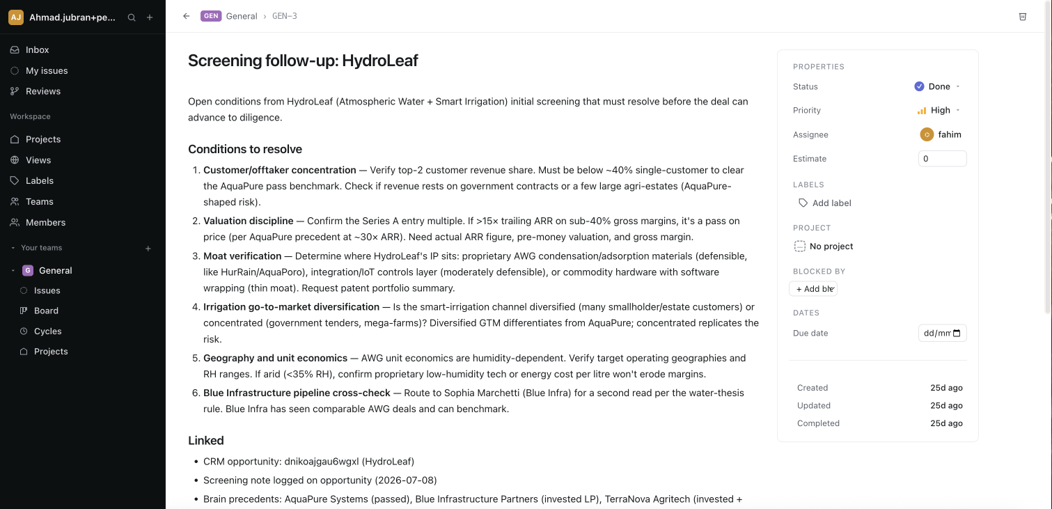 A work item created by Fahim — a six-point diligence brief linked to a CRM opportunity and precedent memos